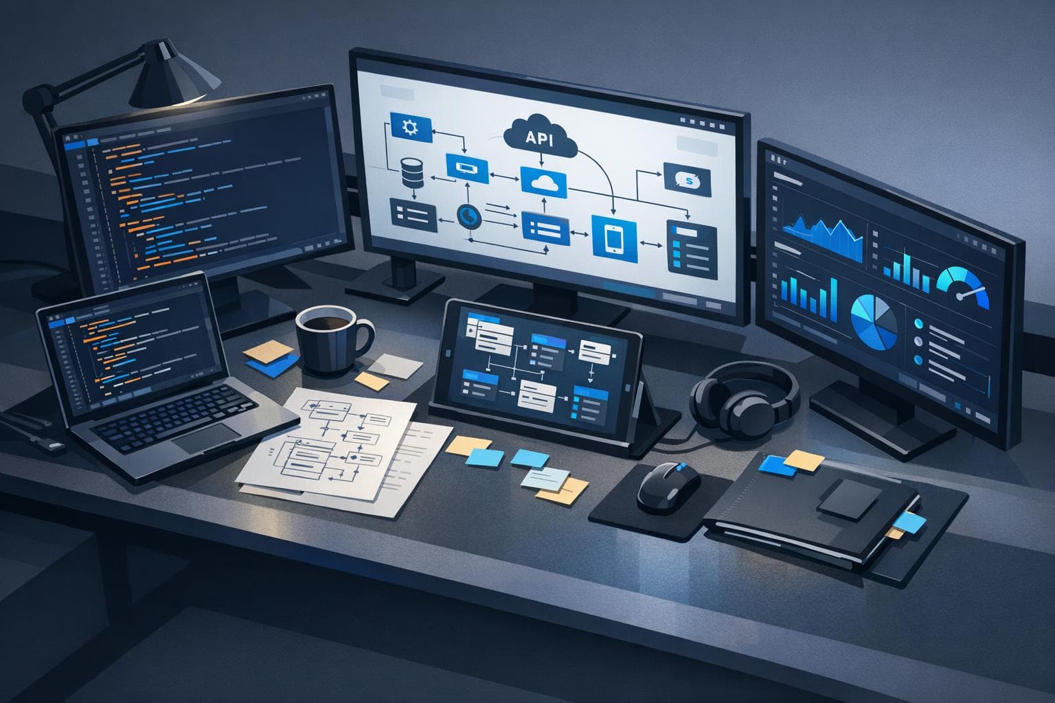 Editorial-style web development scene with code architecture, API planning, and performance dashboards.