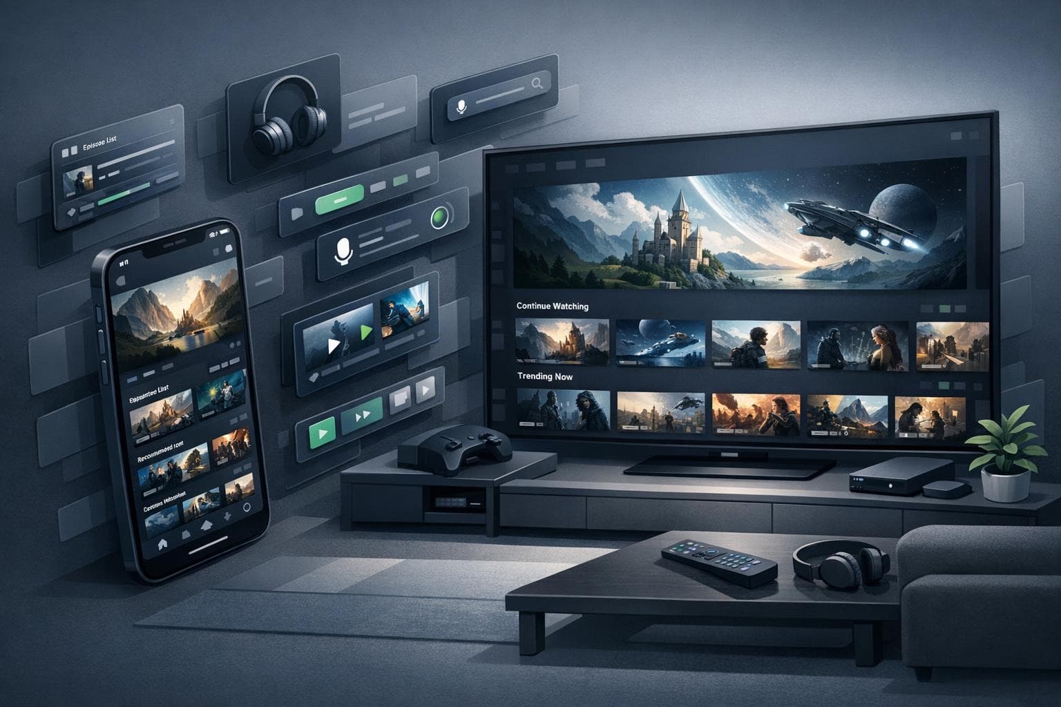 Isometric illustration of smartphone and TV interfaces representing native iOS and tvOS app development.