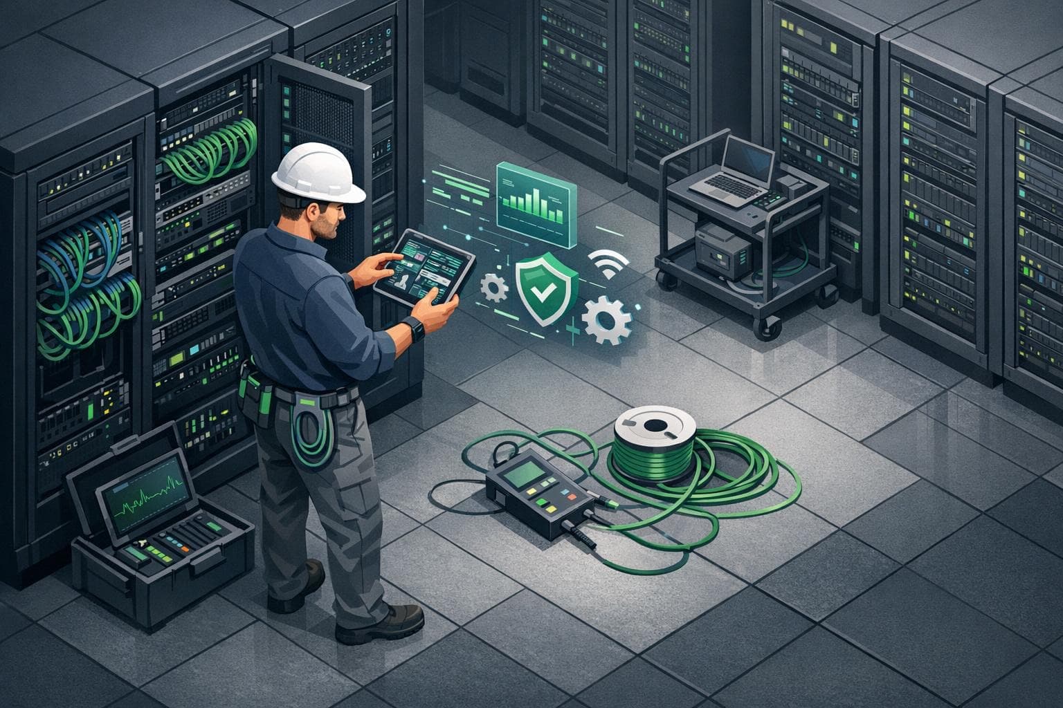 Isometric illustration of an engineer performing on-site network and server support in a data center.