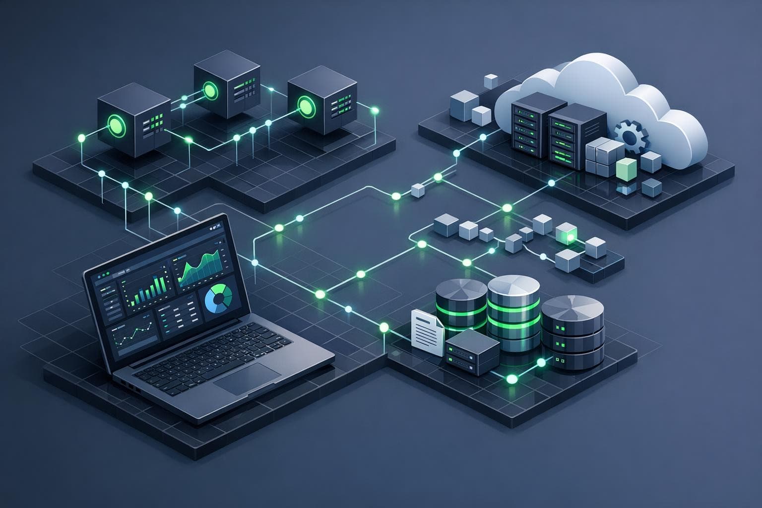 Isometric illustration of web app architecture with APIs, cloud services, and analytics dashboards.