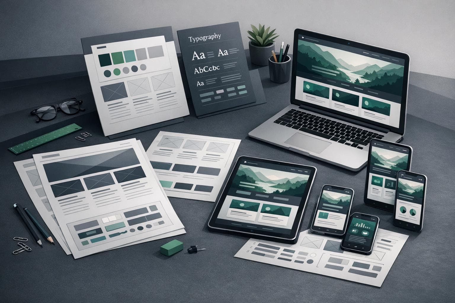 Editorial-style web design scene showing wireframes, color systems, and responsive layout planning.
