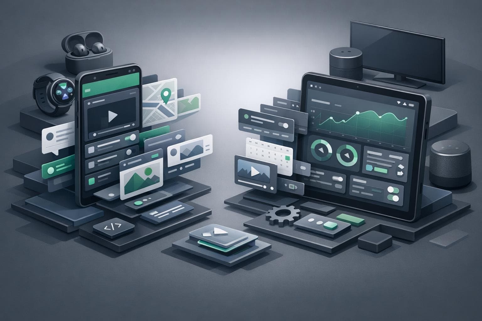 Isometric illustration showing Android phone and tablet interfaces with modular app components.