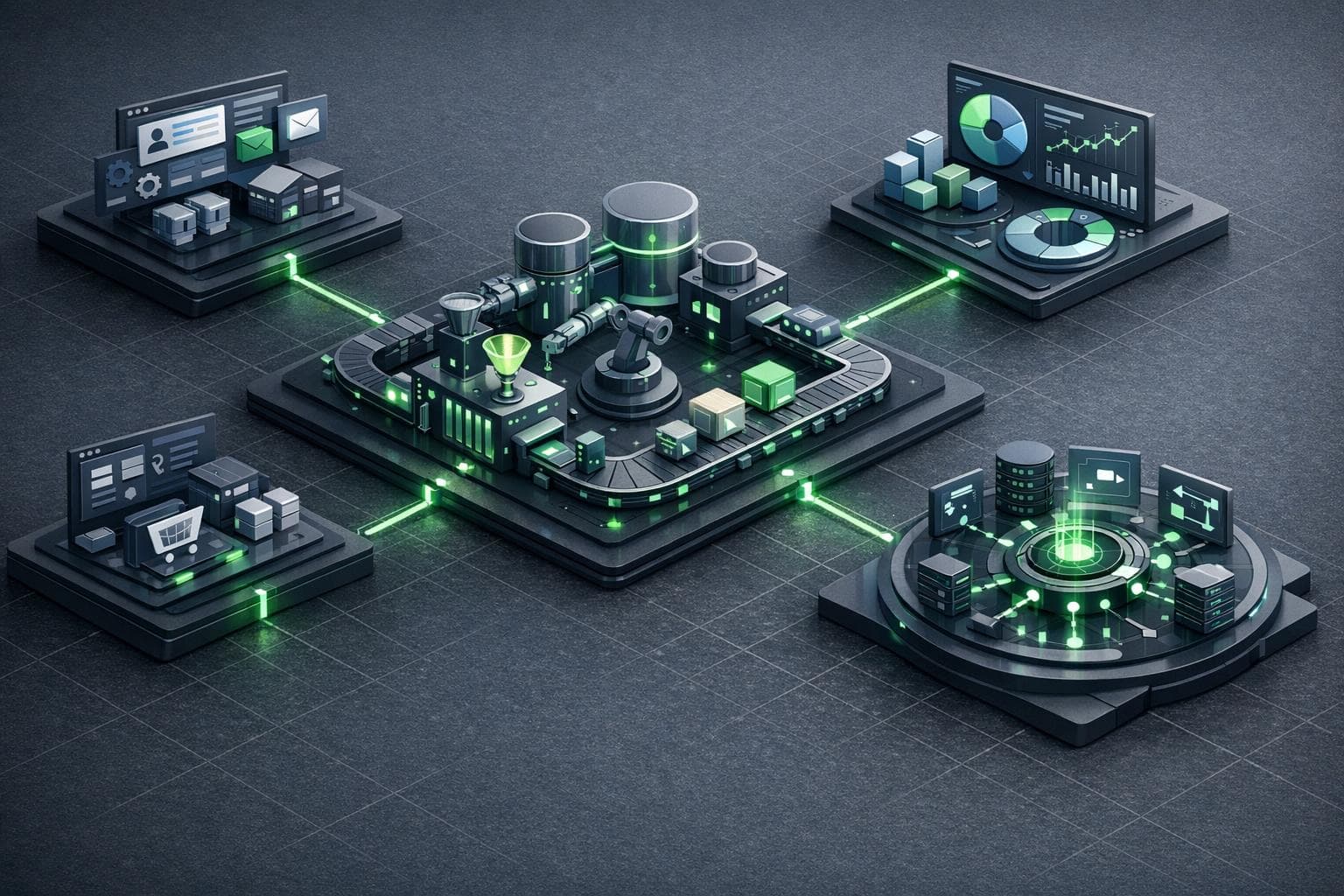 Isometric illustration of connected automation pipelines, analytics hubs, and business system integrations.