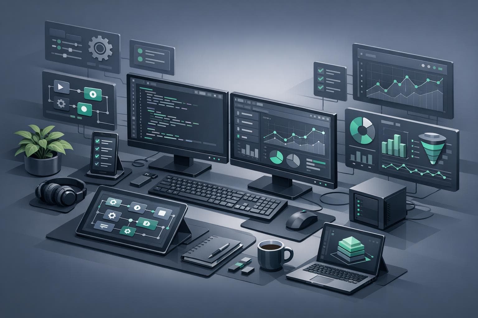 Isometric illustration of desktop software tooling and analytics dashboards for macOS app development.