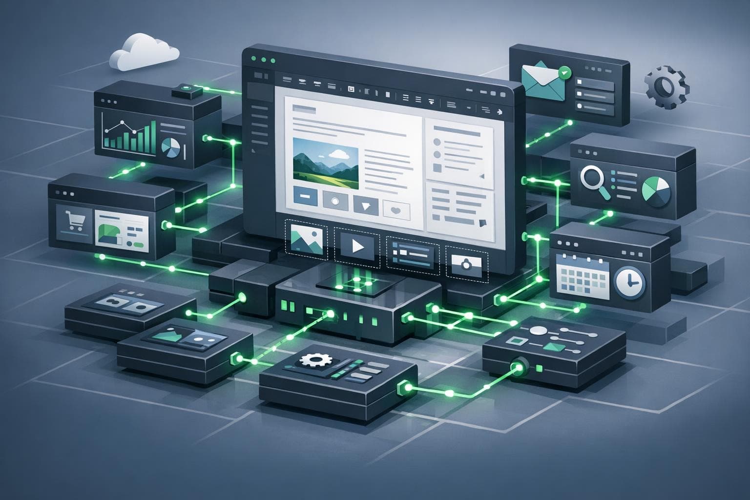 Isometric illustration of a modular CMS interface with plugin extension blocks and integrations.