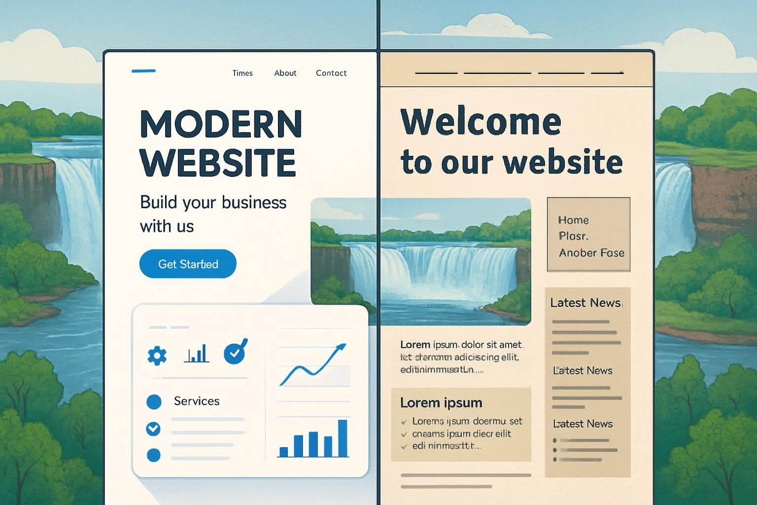 A comparison of a modern, sleek website design against an outdated, cluttered website, set against a backdrop of Niagara Falls, symbolizing the transformation i