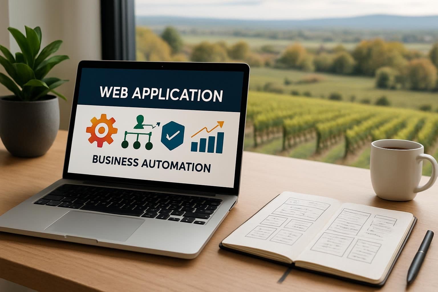 A modern workspace showcasing a laptop with a web application interface and sketches of web app designs, set against a blurred backdrop of Niagara's vineyards a