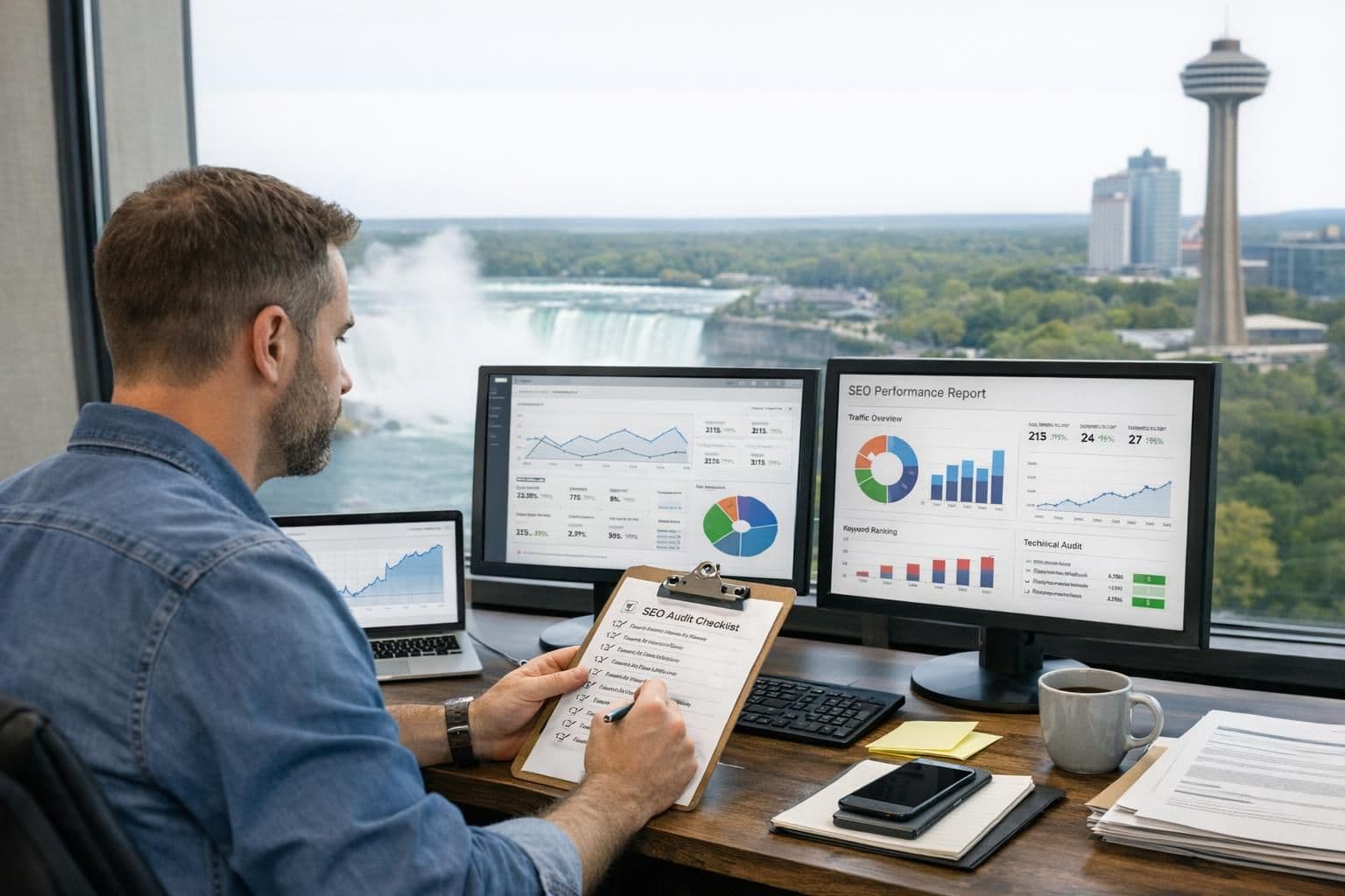 SEO specialist auditing a Niagara web design checklist with analytics dashboards.