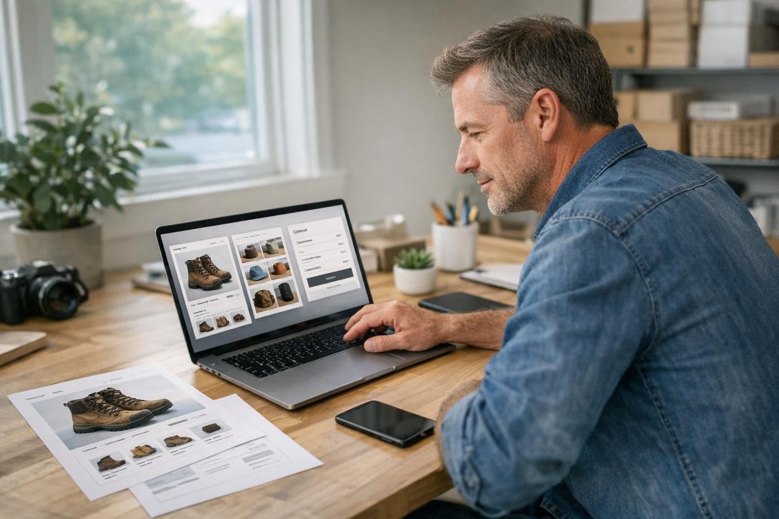 Business owner reviewing an e-commerce storefront layout on a laptop.