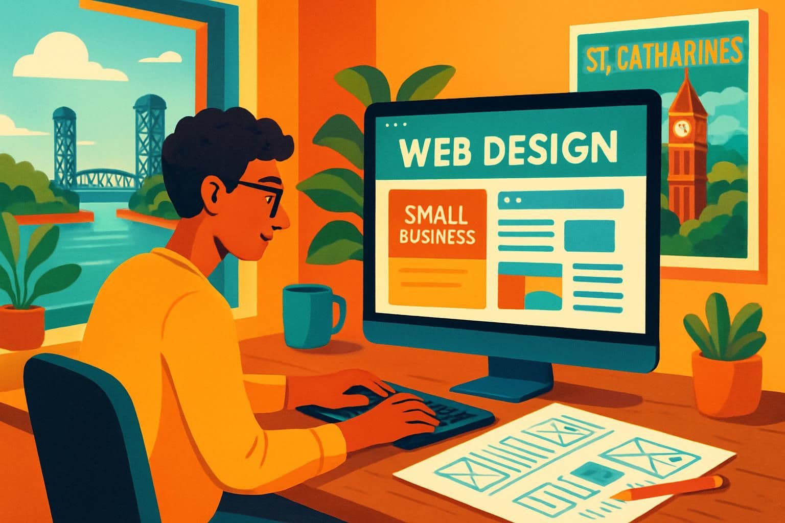 A web designer in a modern studio setting working on a laptop, with design sketches and a monitor displaying a website layout, reflecting the local essence of S