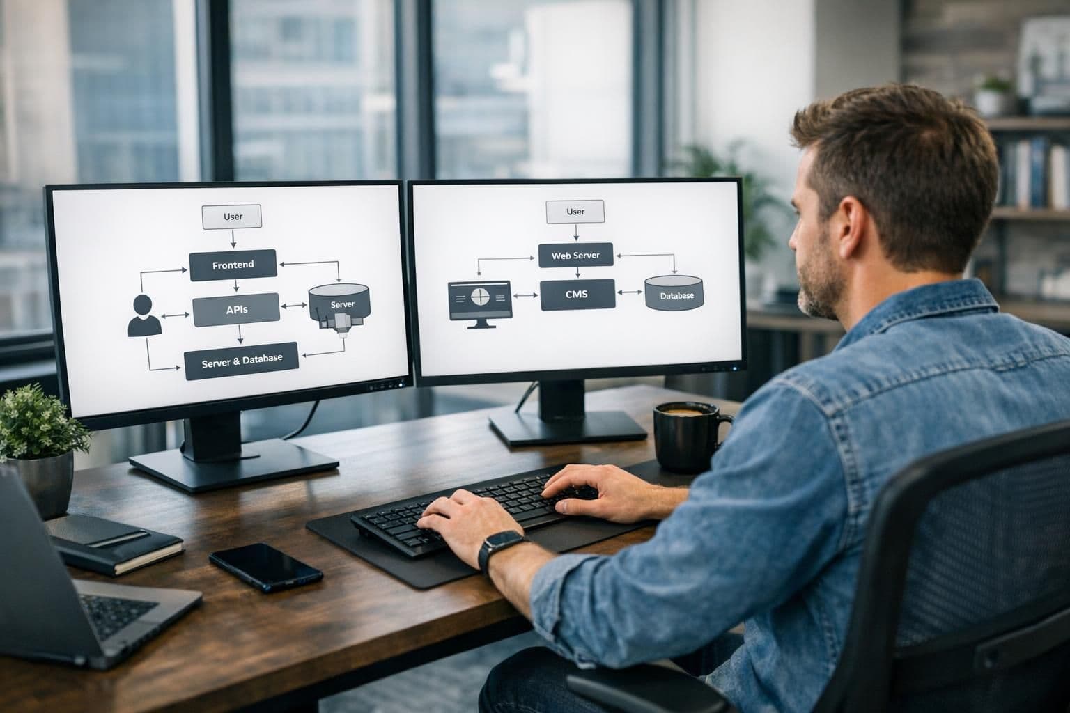 Developer comparing website platform architecture diagrams on dual monitors.